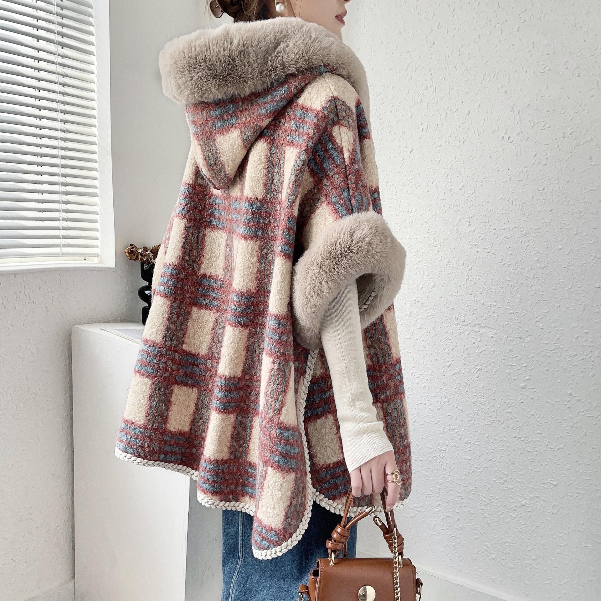 Live Loose Shawl Women 2023 Autumn Winter Cape Thickened Imitation Sheep Fur Collar Hooded Coat