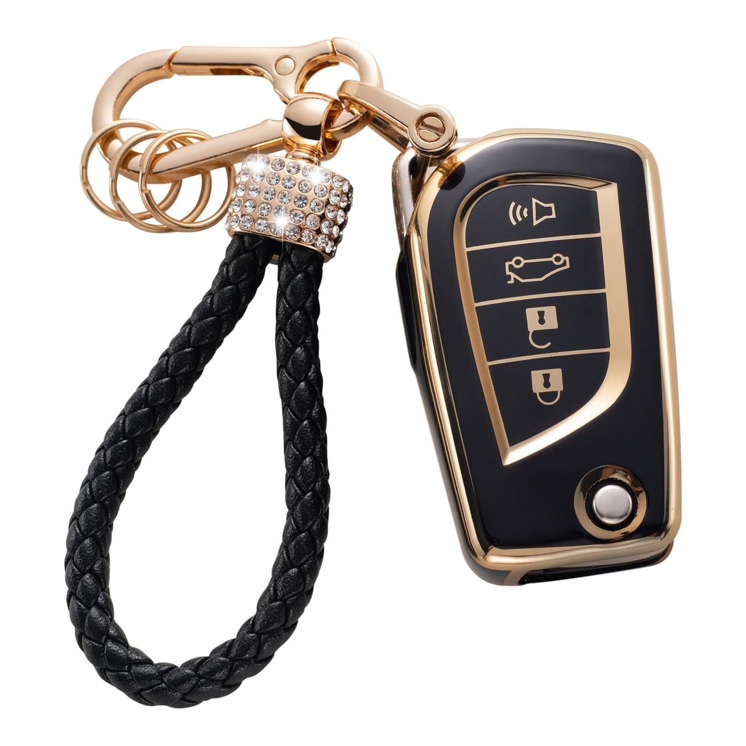 Gold Edge Black Key Car Key Bag Set Rhinestone Carabiner Pendant Keychain