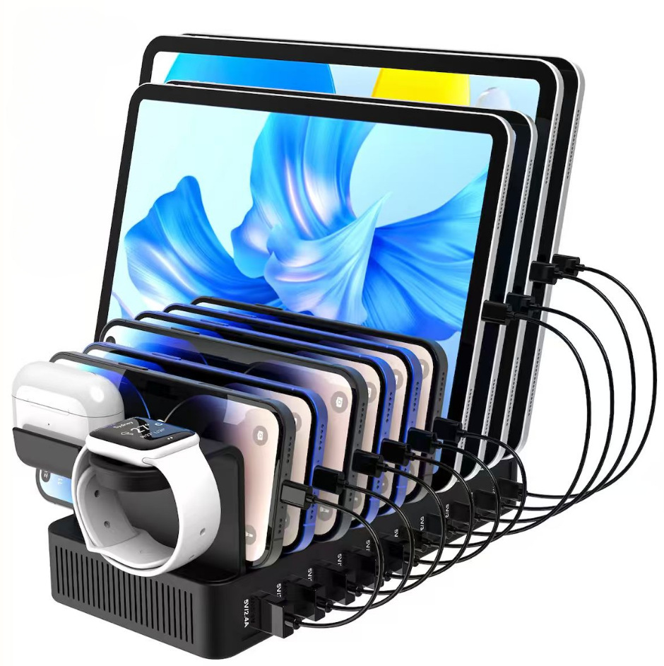60W Multi-Port USB Desktop Organizer Fast Charger 10-Port with Stand Smart C Port PD QC Fast Charge