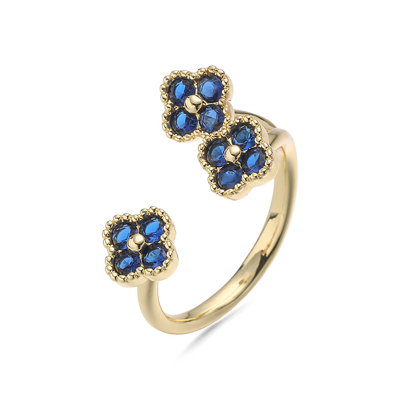Copper Inlaid Colorful Diamond Lucky Four-Leaf Clover Ring, Exquisite Super Shiny Flower Petals Open Adjustable Ring