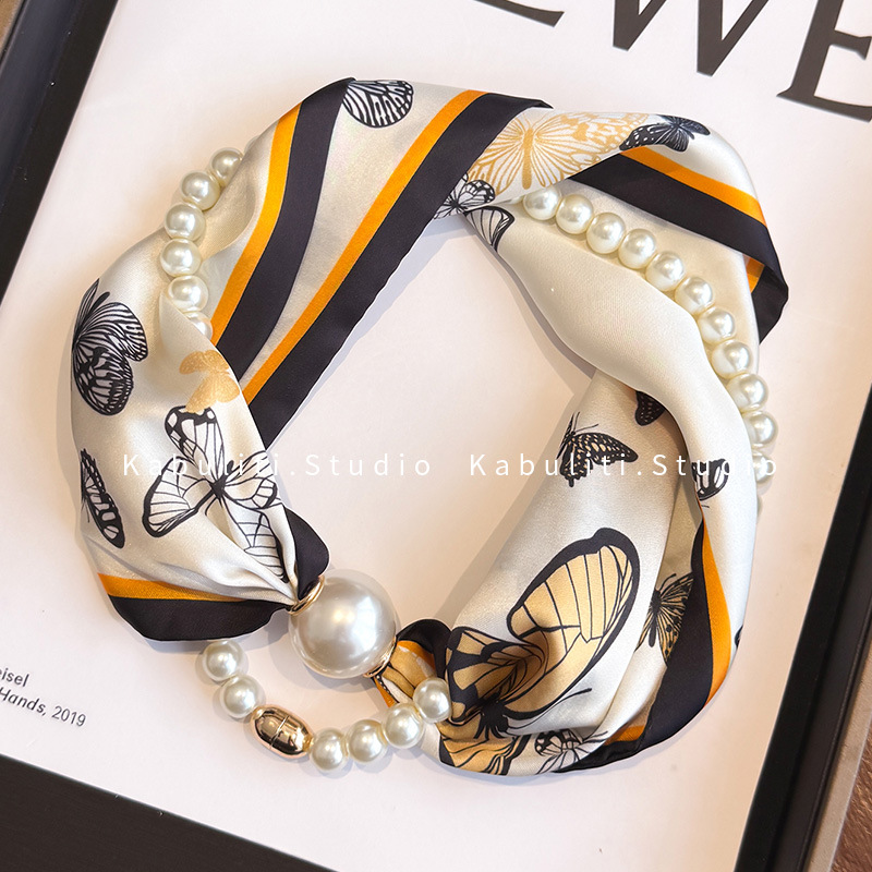 Magnetic buckle pearl necklace narrow small long strip silk scarf women neck protection mother matching shirt thin scarf