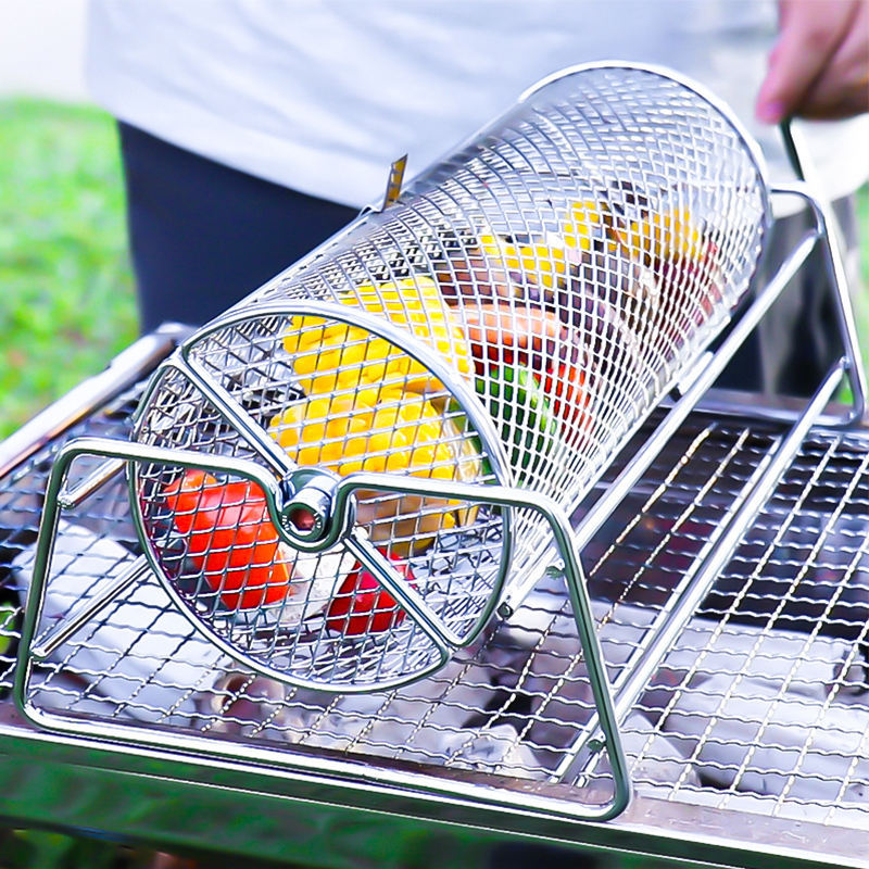 Custom BBQ Grill Grill Cage Round Grill Basket Outdoor BBQ Smoker Cage Portable BBQ Net Rotating Roller