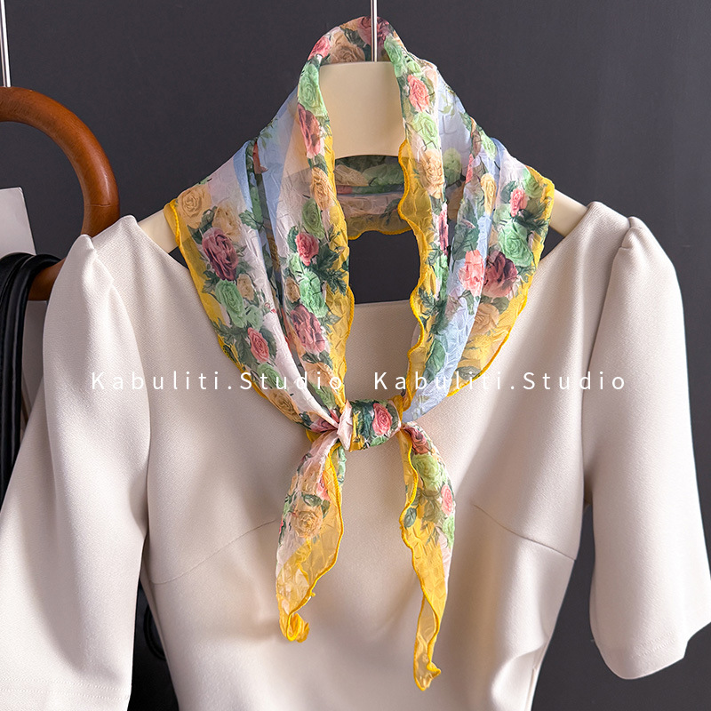 Oil painting wrinkled small triangle square scarf, silk scarf for women, neck protection mother matching shirt hair band neck scarf thin scarf