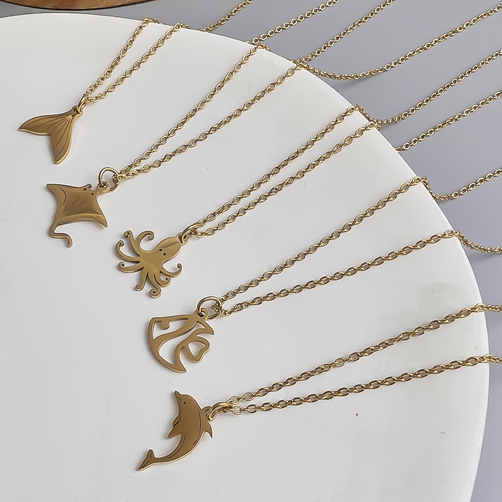 Stainless Steel Ocean Series 18K Gold-Plated Fishtail Dolphin Pendant Necklace—Simple Women's Collarbone Necklace