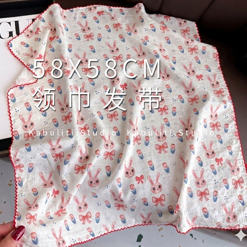 58*58 cotton linen small square scarf, fresh floral neck protection small scarf for girls, hair band