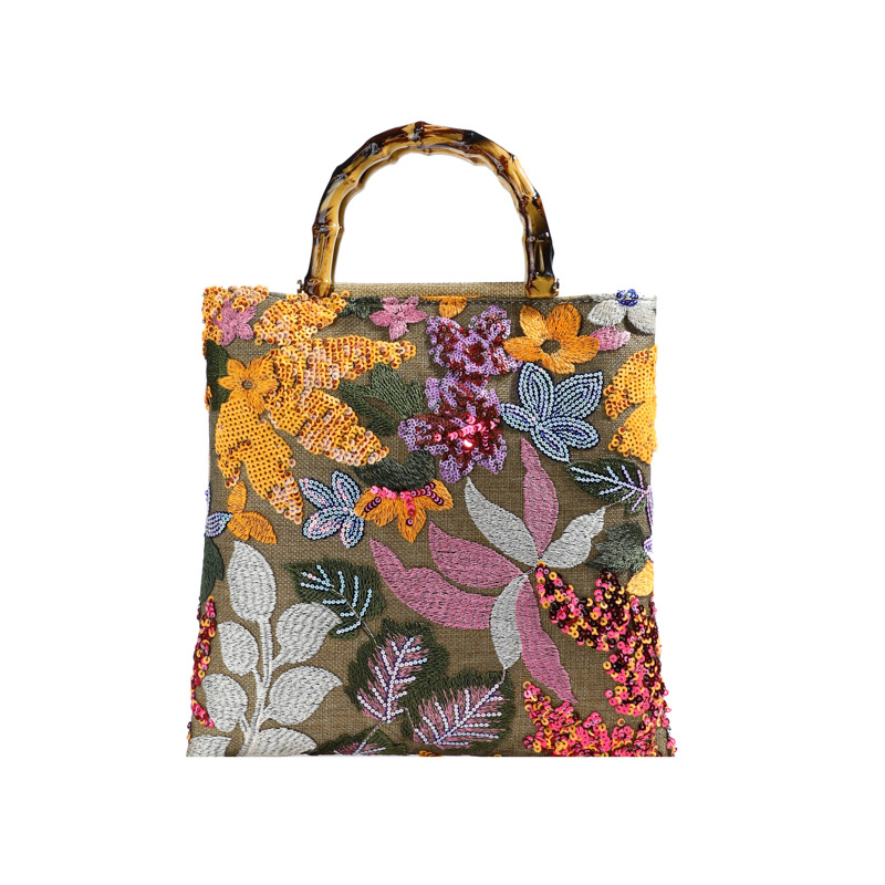 New Linen Bamboo Knot Handle Bag 2024 New Women's Bag Embroidery Sequins Women's Handbag Evening Bag