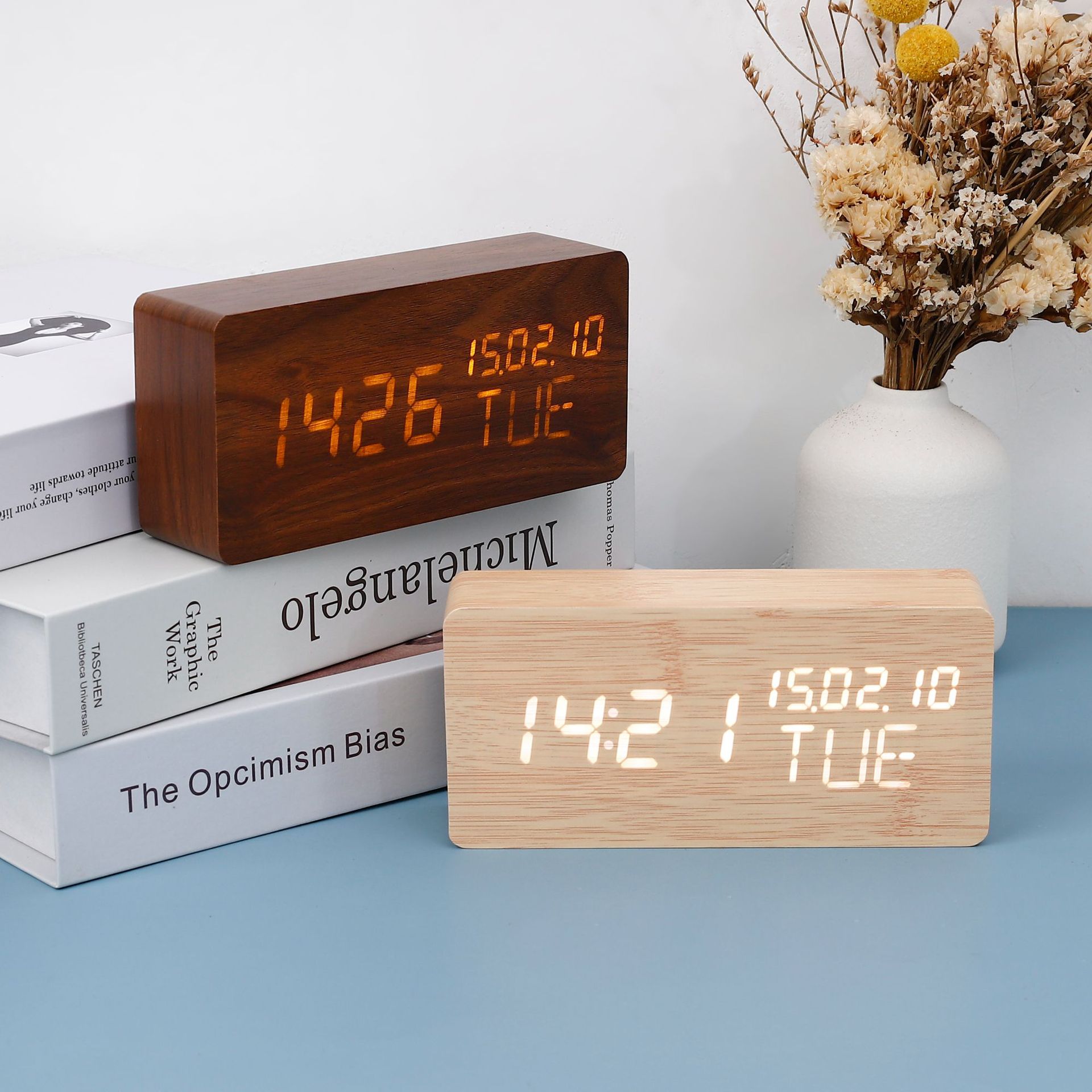 Rectangular perpetual calendar wooden clock desktop LED electronic voice-controlled wooden clock, student wake-up clock