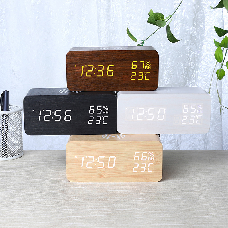 Smart Wireless Charging Clock Electronic Wooden LED Clock Digital Voice Control Clock Thermometer Alarm Clock