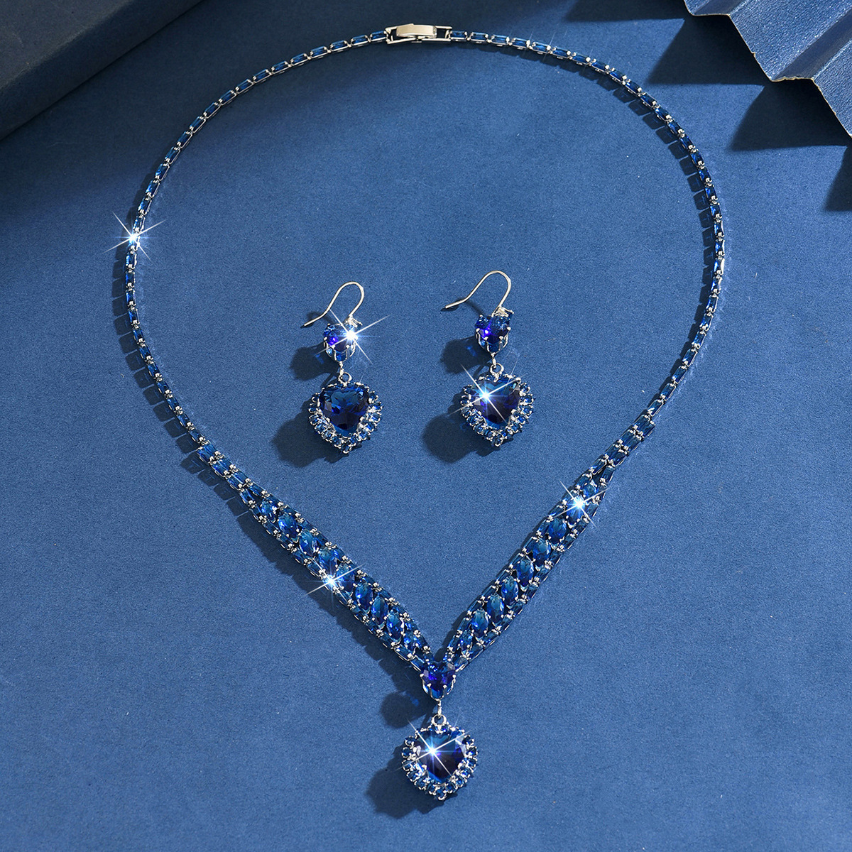 Luxury Heavy Craft Dark Blue Zircon Set Heart Pendant Necklace Earrings Two-Piece Accessories