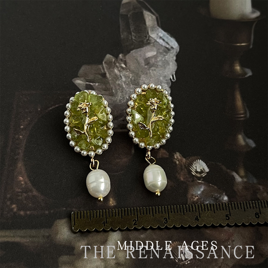 Vintage Retro Colored Gem Green Zircon Earring Collection Court Style Ear Studs Ear Accessories