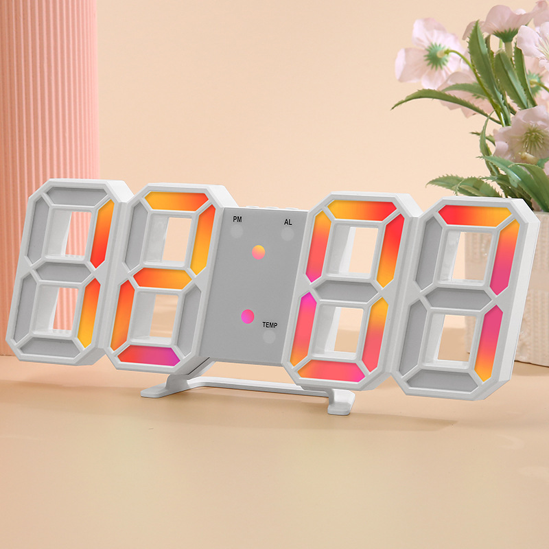 RGB colorful digital night-light alarm clock, living room LED 3D wall clock, desktop silent colorful electronic clock