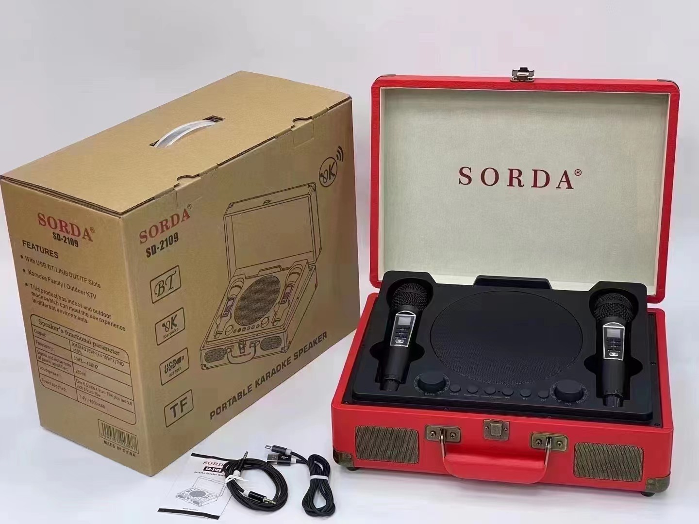 SD2109 Portable Bluetooth Speaker with Wireless Dual Mic Karaoke Machine Outdoor Home KTV Wooden Box
