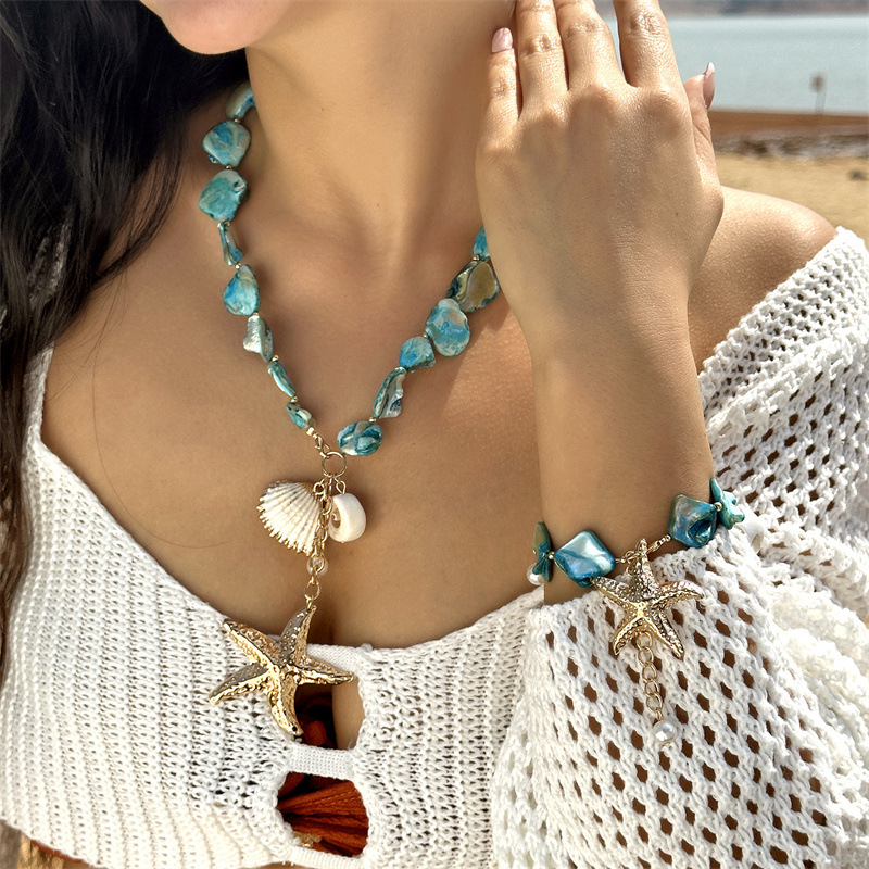 New Starfish Shell Beaded Necklace Imitation Pearl Beaded Layered Gold Necklace Niche Accessories Women