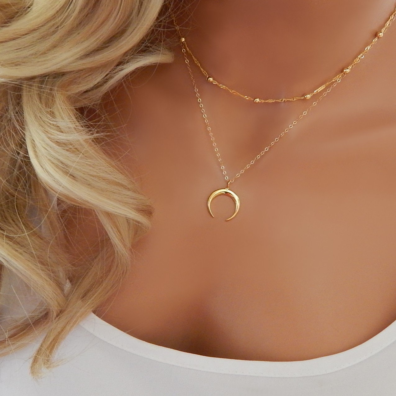 New Arrival Accessories Bohemian Double Horn Necklace Gold-Plated Layered Women's Collarbone Necklace