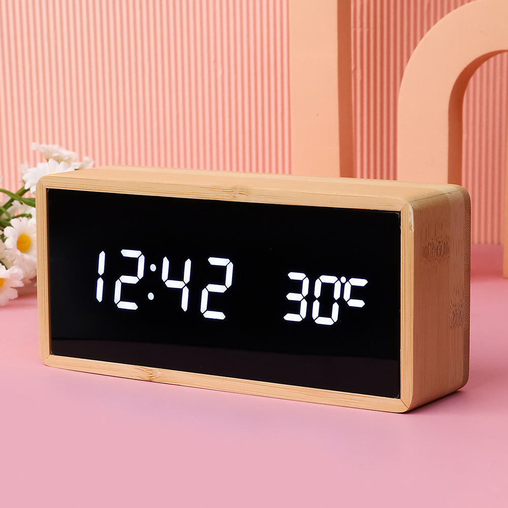 LED wooden mirror surface bamboo shell thermometer electronic clock, home living room decoration alarm clock solid wood