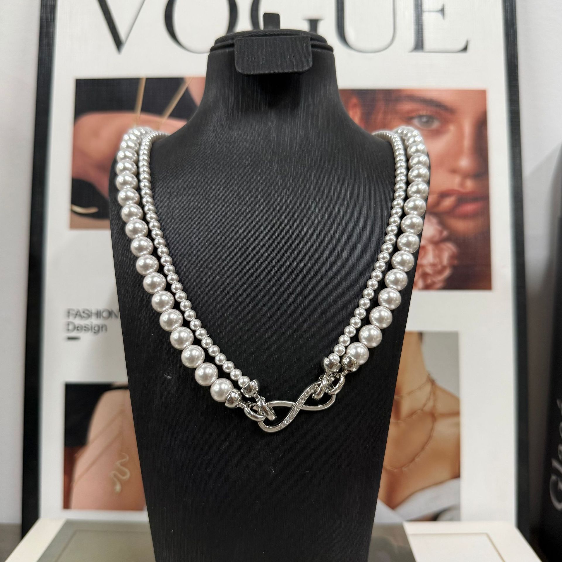 Swarovski True Multi-Ma Gray Double-Layer Layered Pearl Necklace for Women, Detachable Autumn Winter Sweater Chain Short