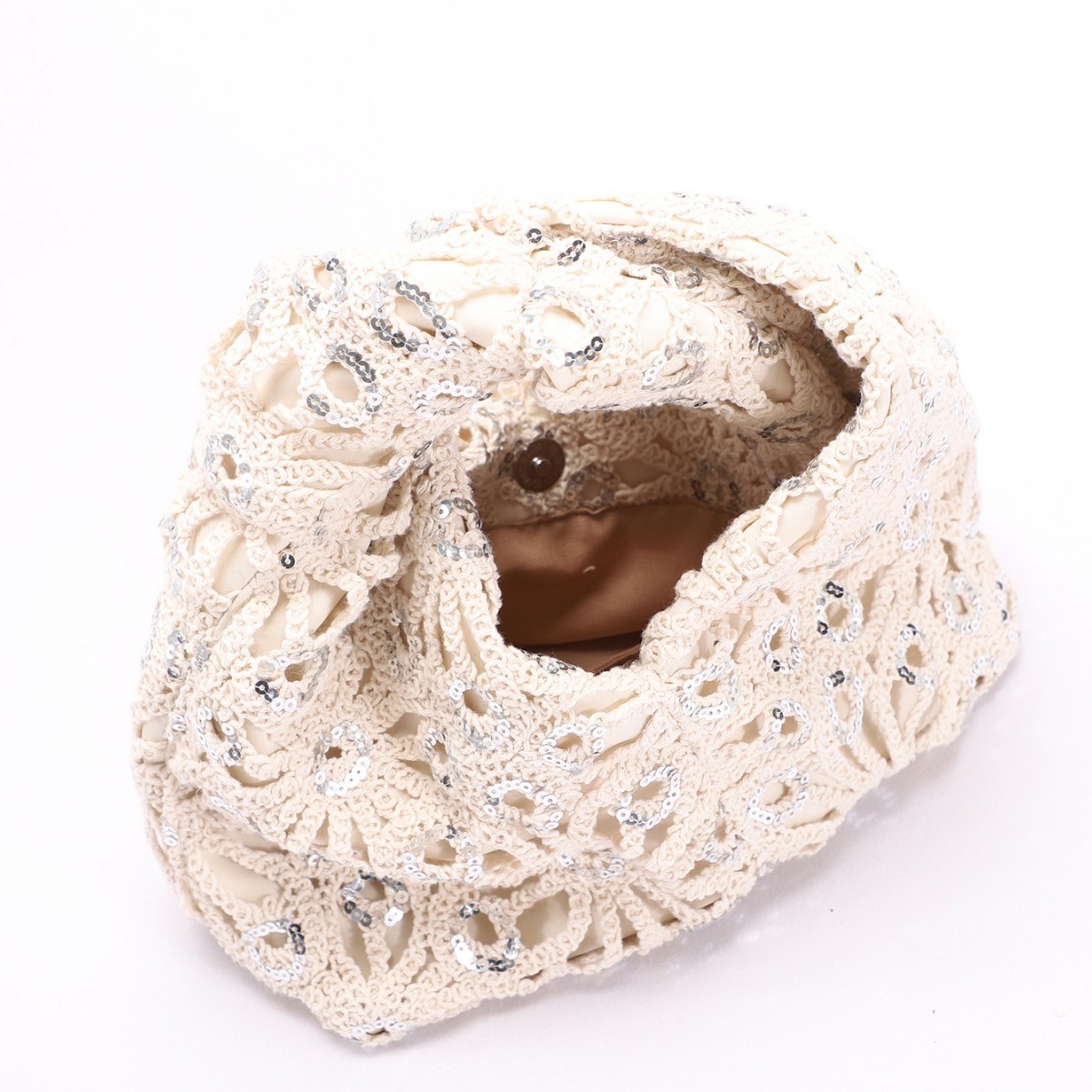 Hollow Crochet Handle Bag Women's Silver Sequins Decoration Twist Bag Handbag Vacation Style Spliced Pleated Bag