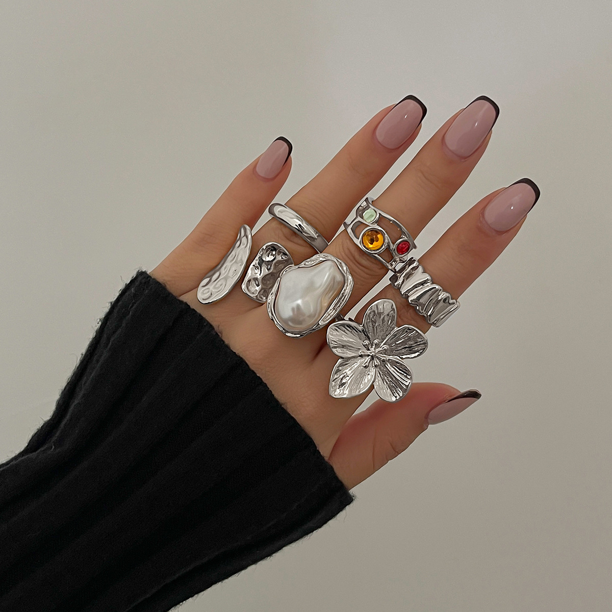 Liquid Lava Flower Open Ring Baroque Imitation Pearl Gemstone Ring