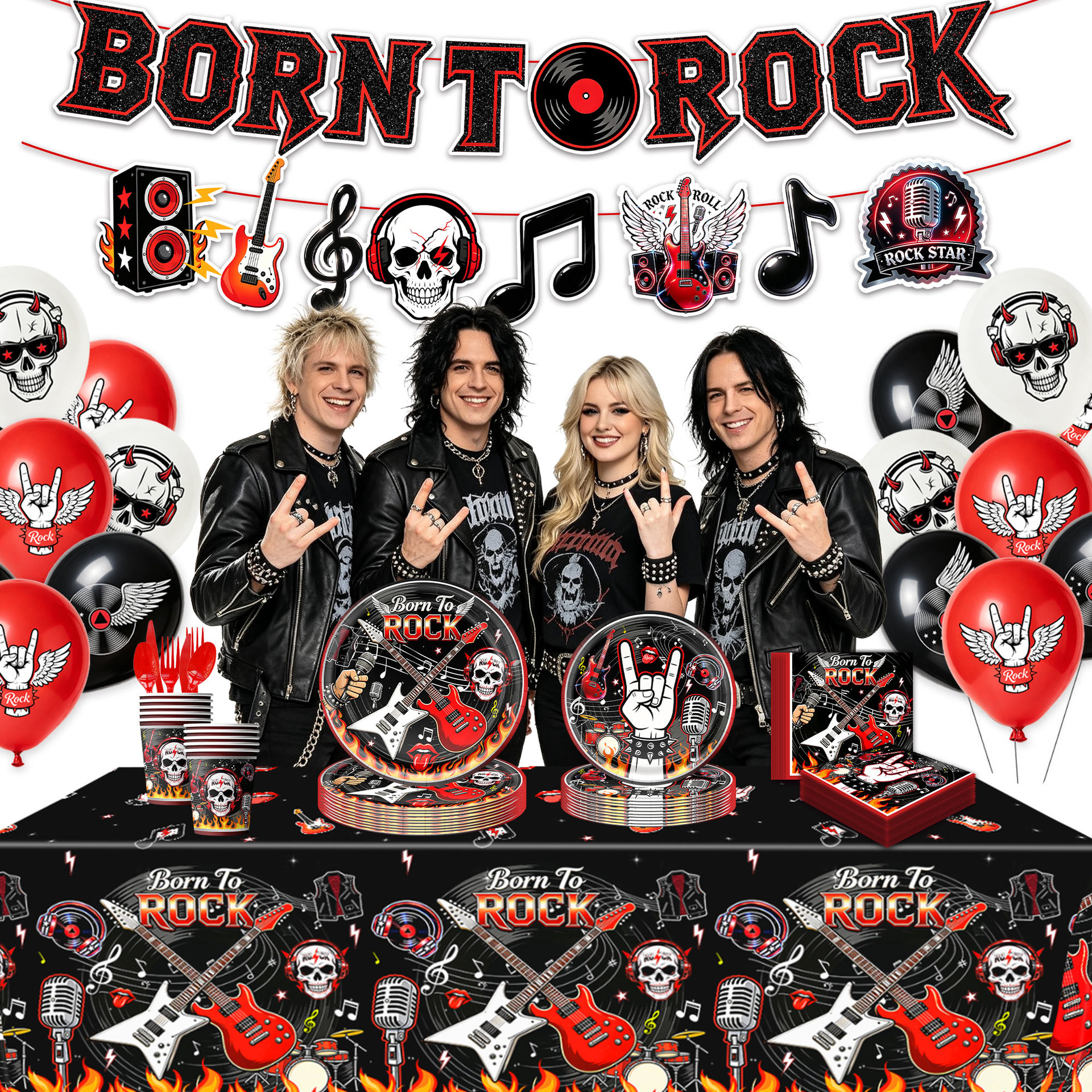 Rock Rock Skull Theme Birthday Party Set Disposable Paper Plate Paper Cup Tablecloth Bunting Flag Atmosphere Decoration