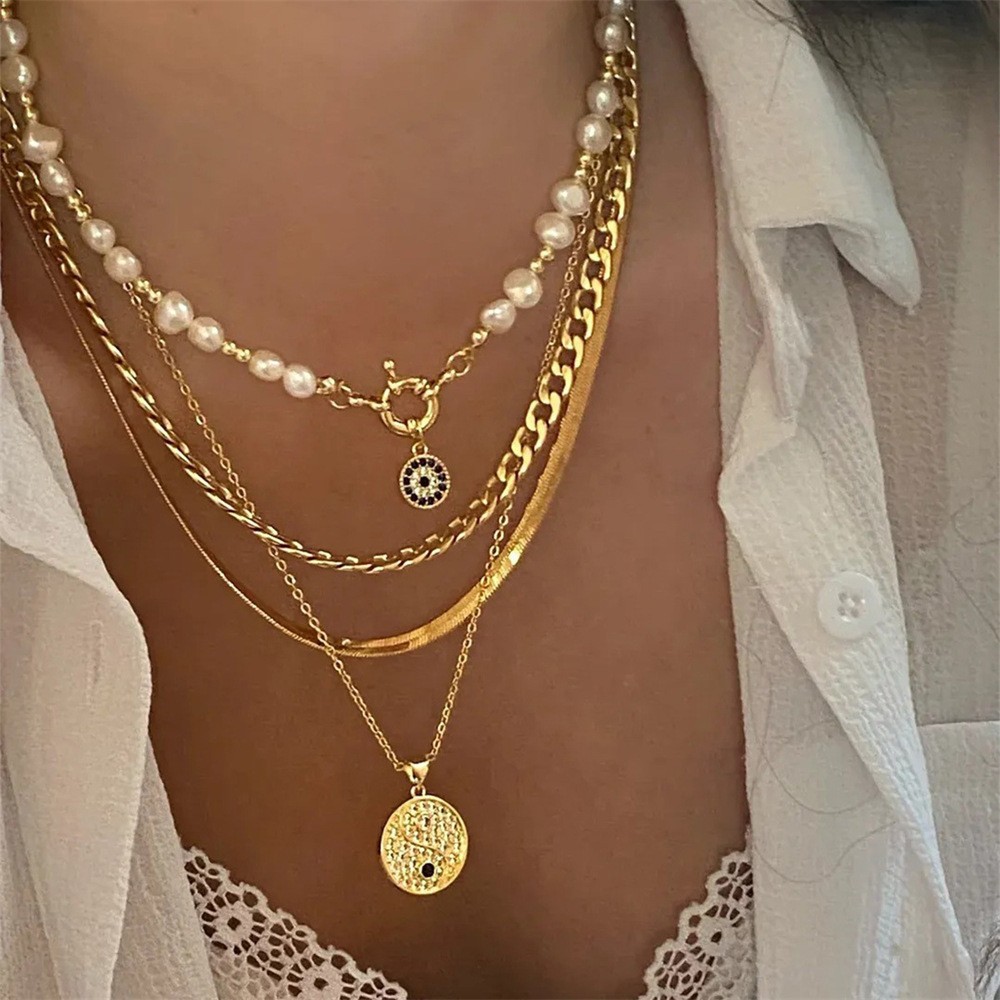 Cross Layered Pearl Necklace Beaded Pendant Collarbone Chain Women Commute Party Gift