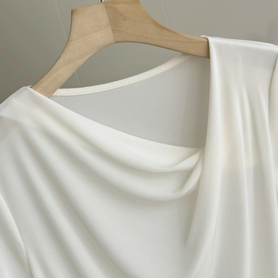 White T irregular draped collar pleated cool acetate T-shirt women summer elegant waist short-sleeve top