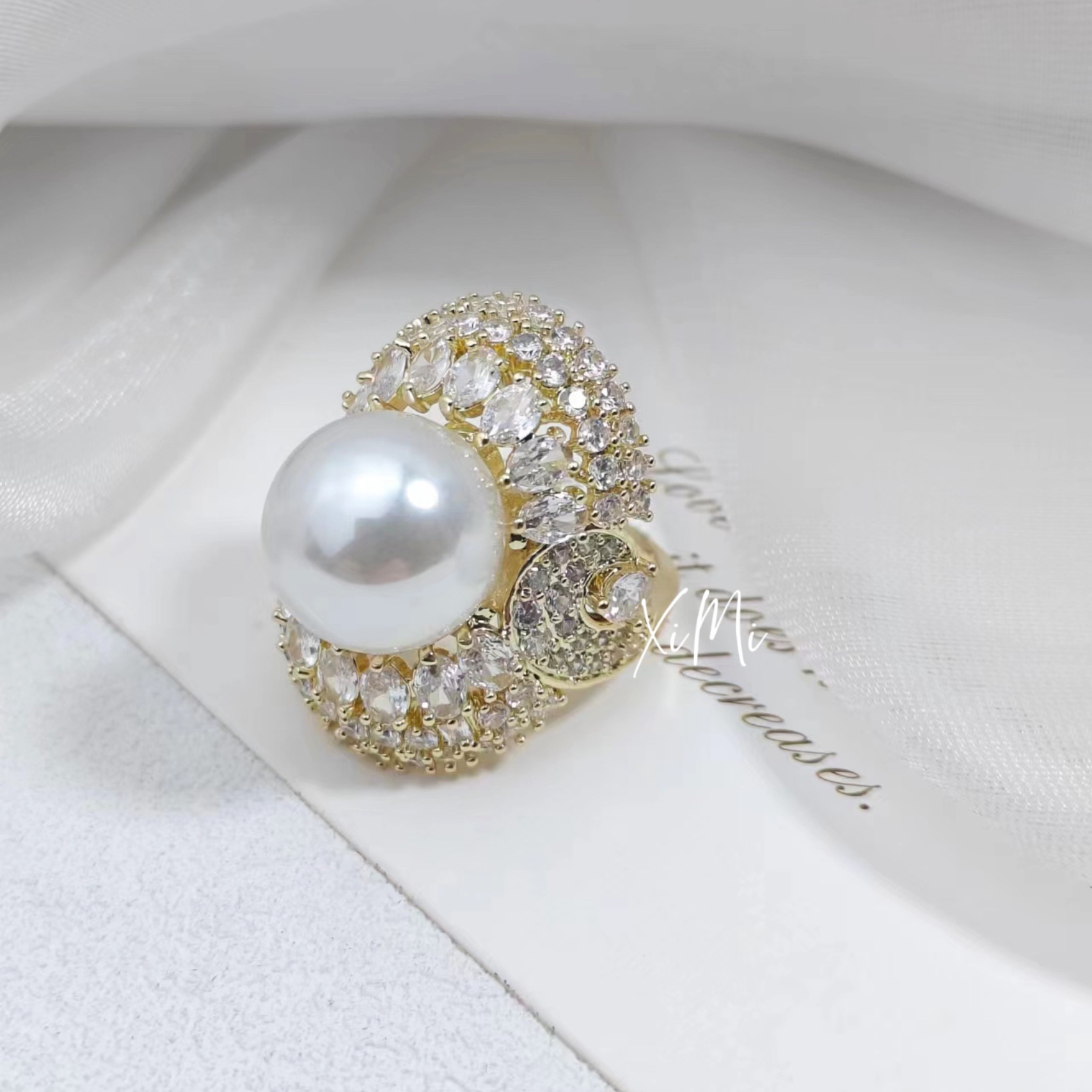 Women's Pearl Wrapped Open Ring Micro-Set Delicate Adjustable Ring