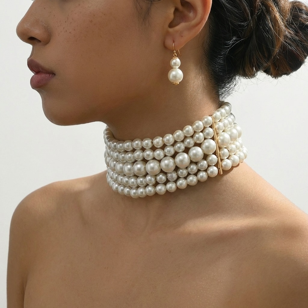 Exaggerated Multi-layer Women Pearl Necklace Earring Set Long Women Beaded Sweater Chain