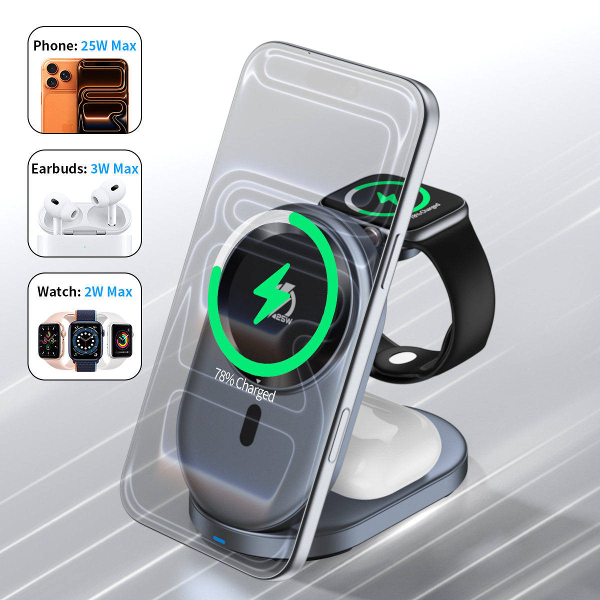 Qi2 magnetic 25W three-in-one wireless charger foldable stand for Apple 17Max/iPhone