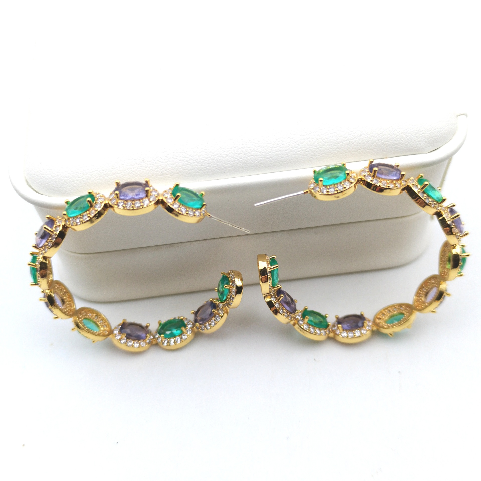 New heavy craft C-shaped colorful micro-set earrings S925 silver needle large earrings ear jewelry