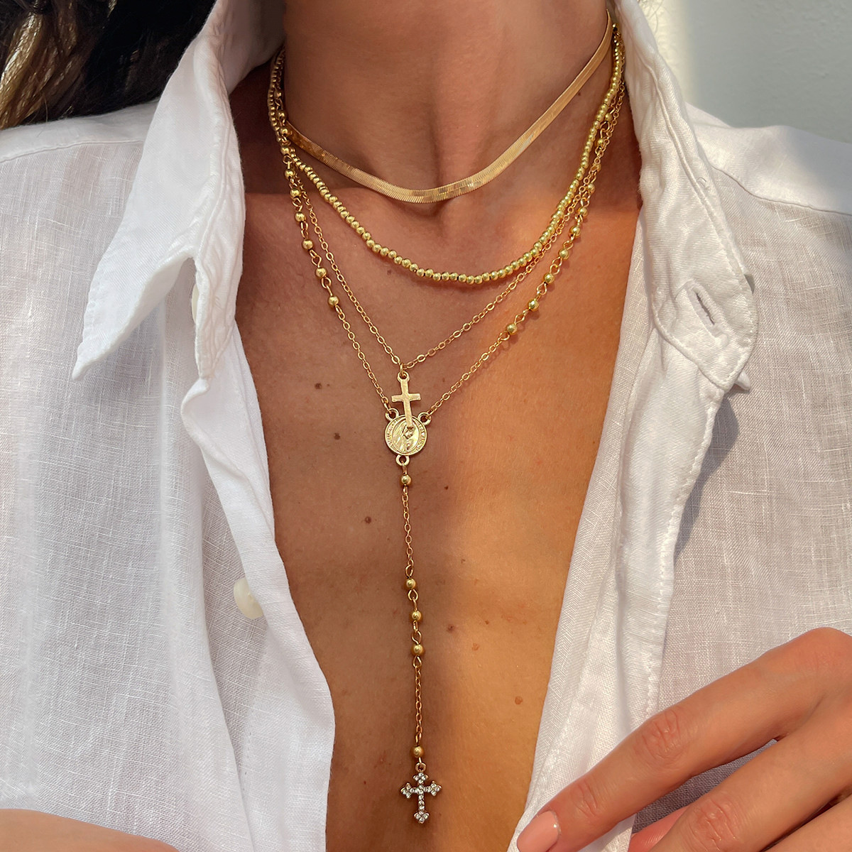 Jewelry 3-piece set rhinestone cross chain necklace set small flower crystal copper-clad iron chain neck chain