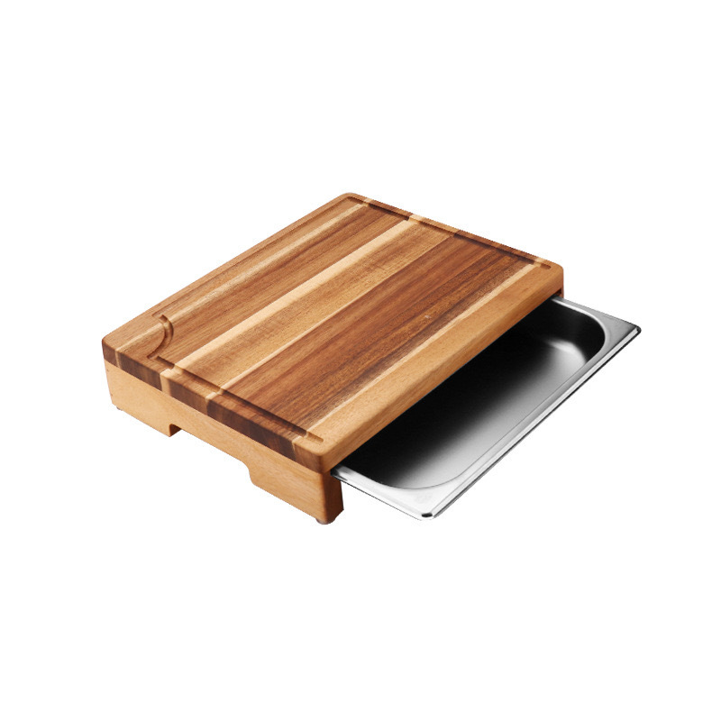 Solid Acacia Wood Tray with Drawer 304 Stainless Steel Plate Double Layer Cutting Board Sushi Salmon Platter