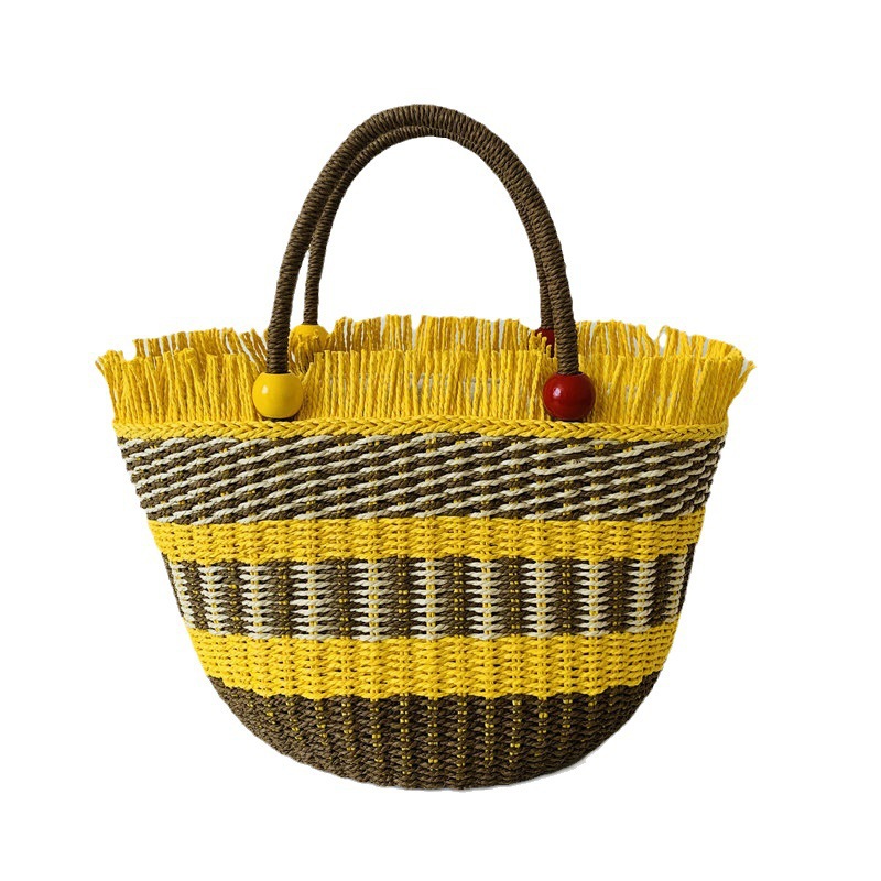 Rural vacation style beach bag, basket handbag, wooden bead straw woven bag, new twill woven bag, multiple colors