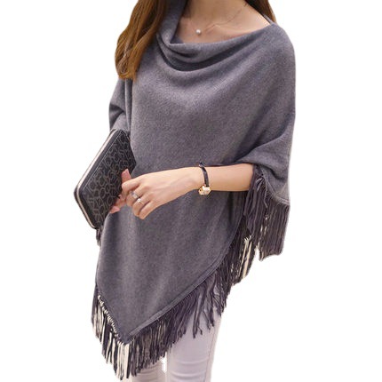 Spring Autumn New Irregular Mid-length Batwing Sweater Loose Tassel Pullover Knitted Sweater Cape Shawl Coat