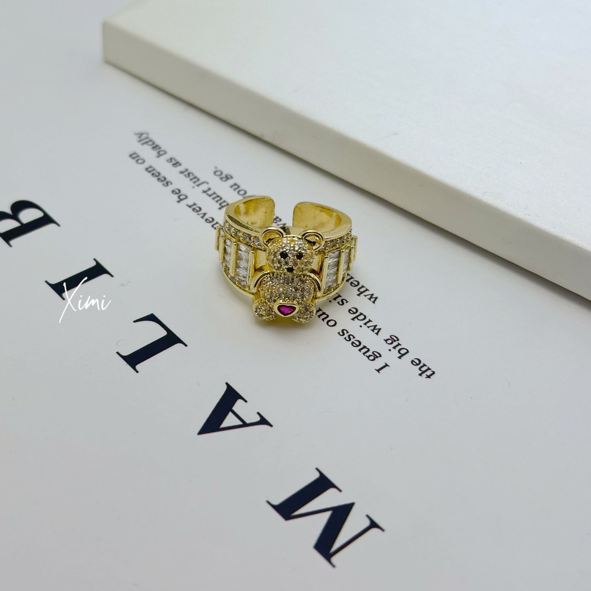 Cute Bear Copper Set Zirconia Women's Adjustable Ring Niche Design Open Band Index Finger Ring
