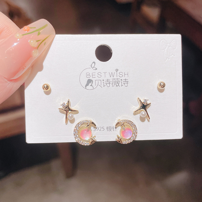 High-quality S925 silver needle zircon 6-piece set small earrings, women's simple three pairs of earrings