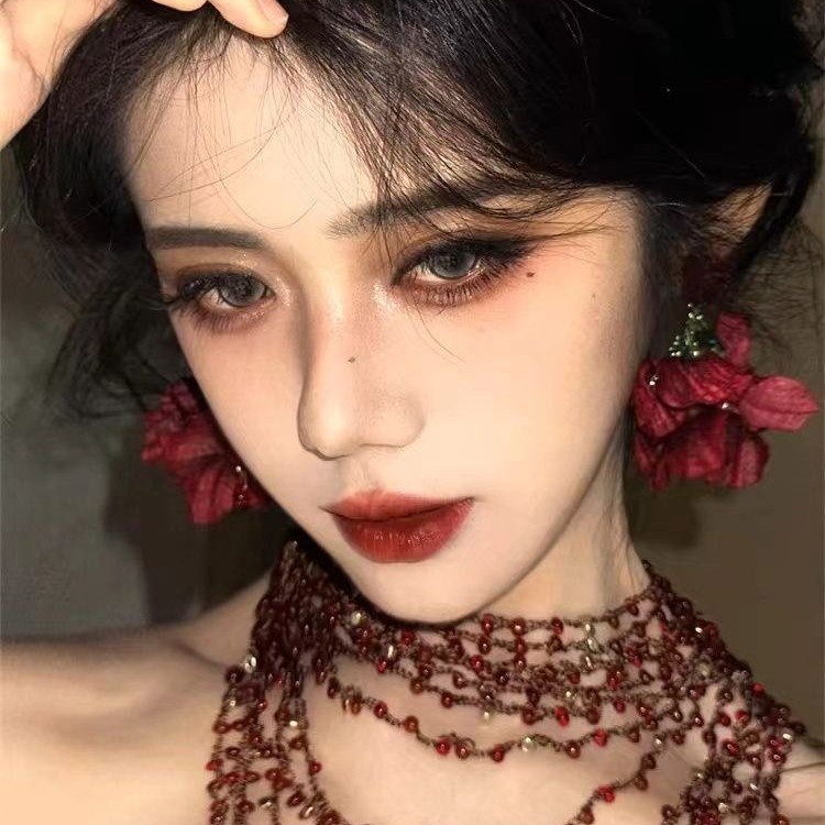 Burning Rose exaggerated wine red tassel earrings earrings flower ear studs
