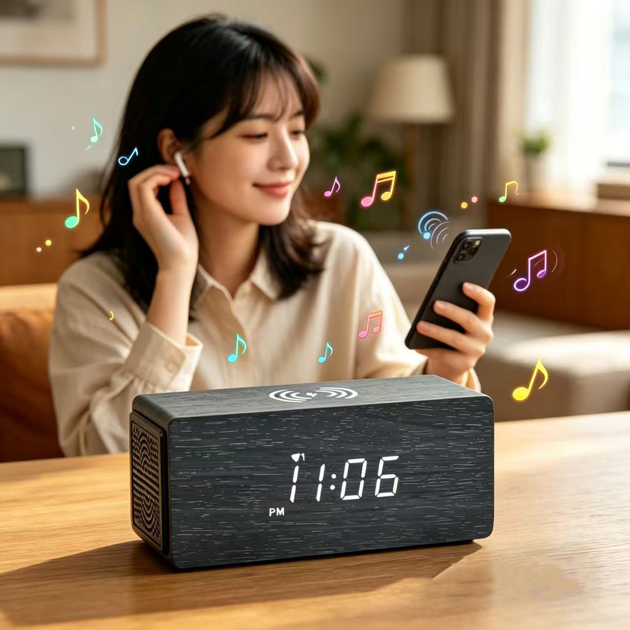 15W Bamboo Bluetooth Speaker Phone Wireless Fast Charging Office Desk Wooden Alarm Clock Multifunctional Silent Clock