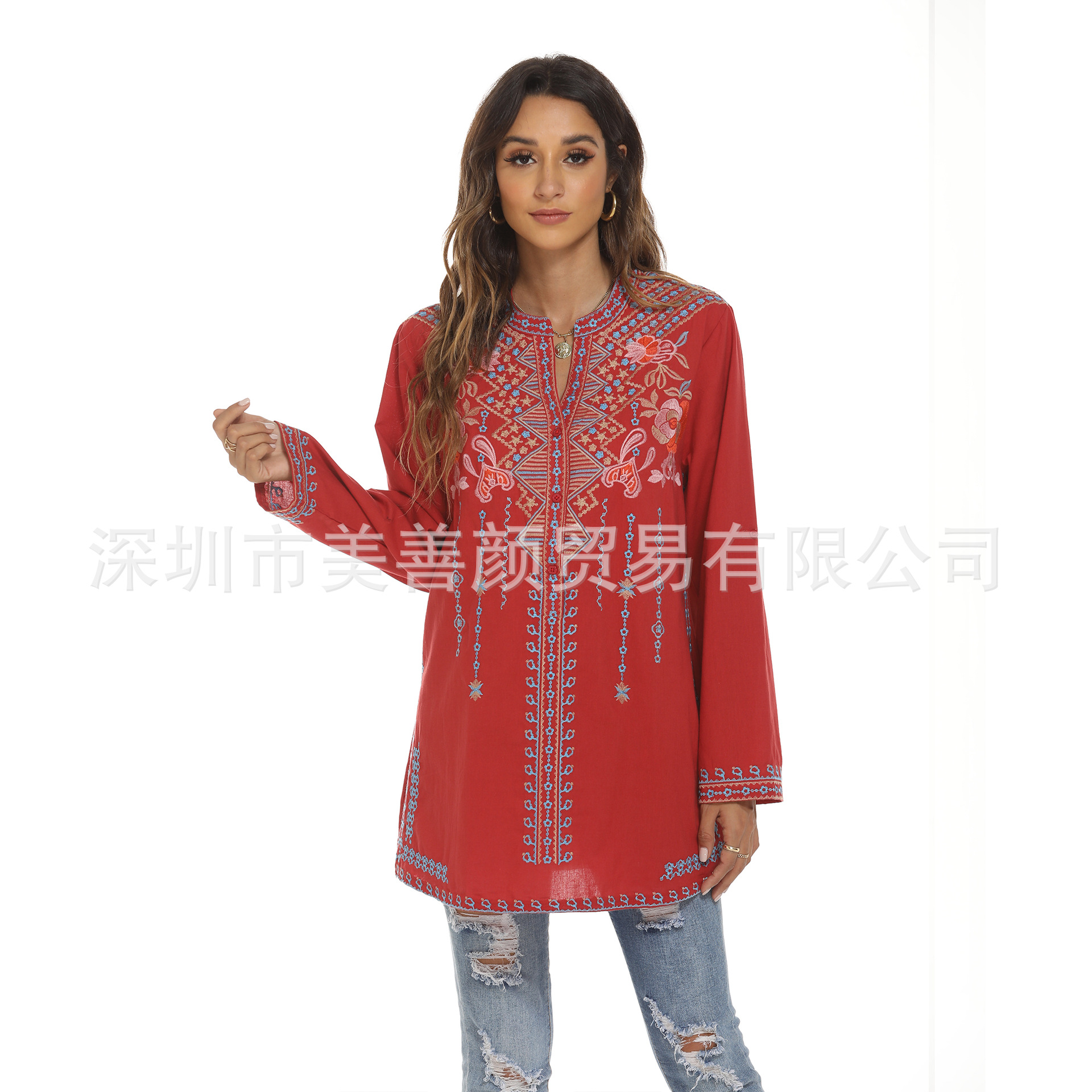 2023 women's long sleeve shirt embroidered overseas mid-length stand collar shirt