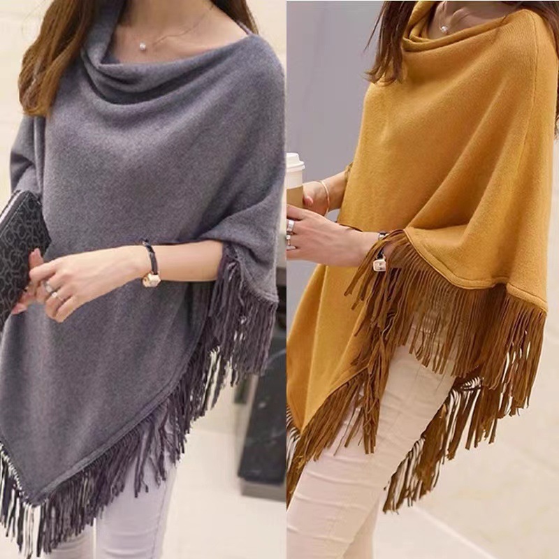 Spring Autumn New Irregular Mid-length Batwing Sweater Loose Tassel Pullover Knitted Sweater Cape Shawl Coat