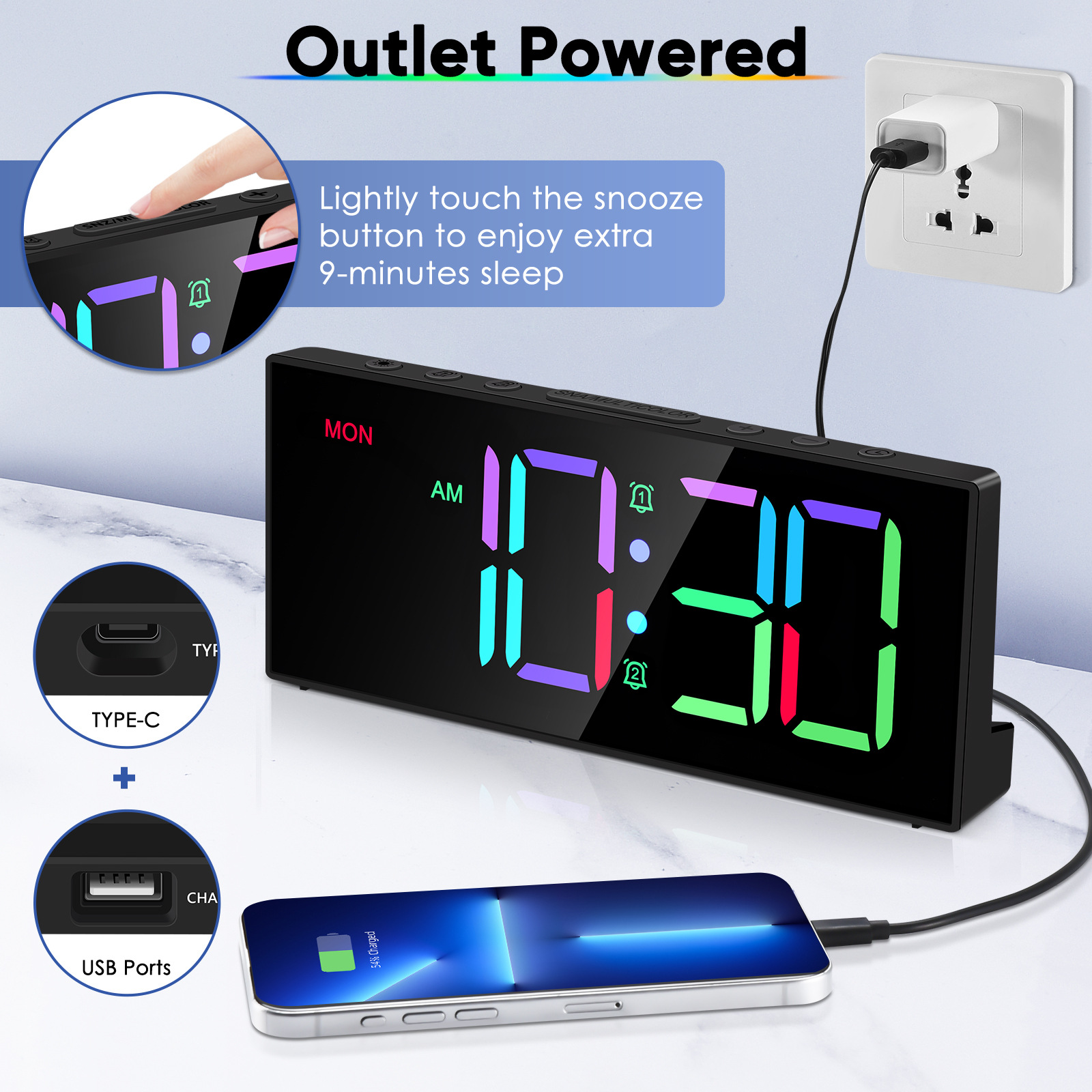 Colorful LED electronic clock RGB digital display clock office living room European decoration seven-color