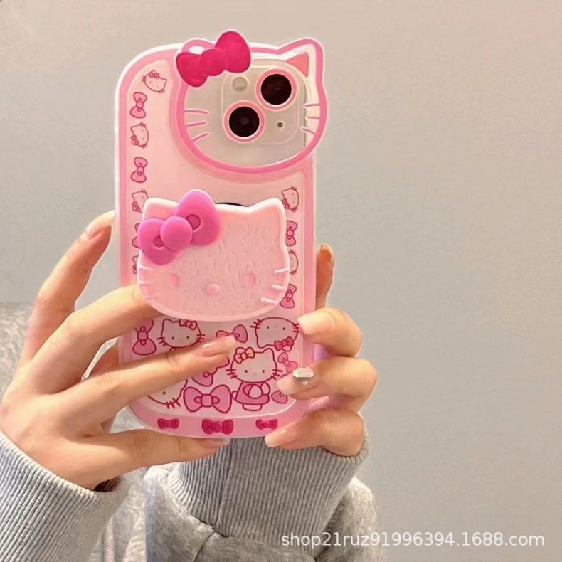 KT cat with stand 17 phone case iPhone 13 cartoon soft case Apple 12 phone 15 Pro protective case 16