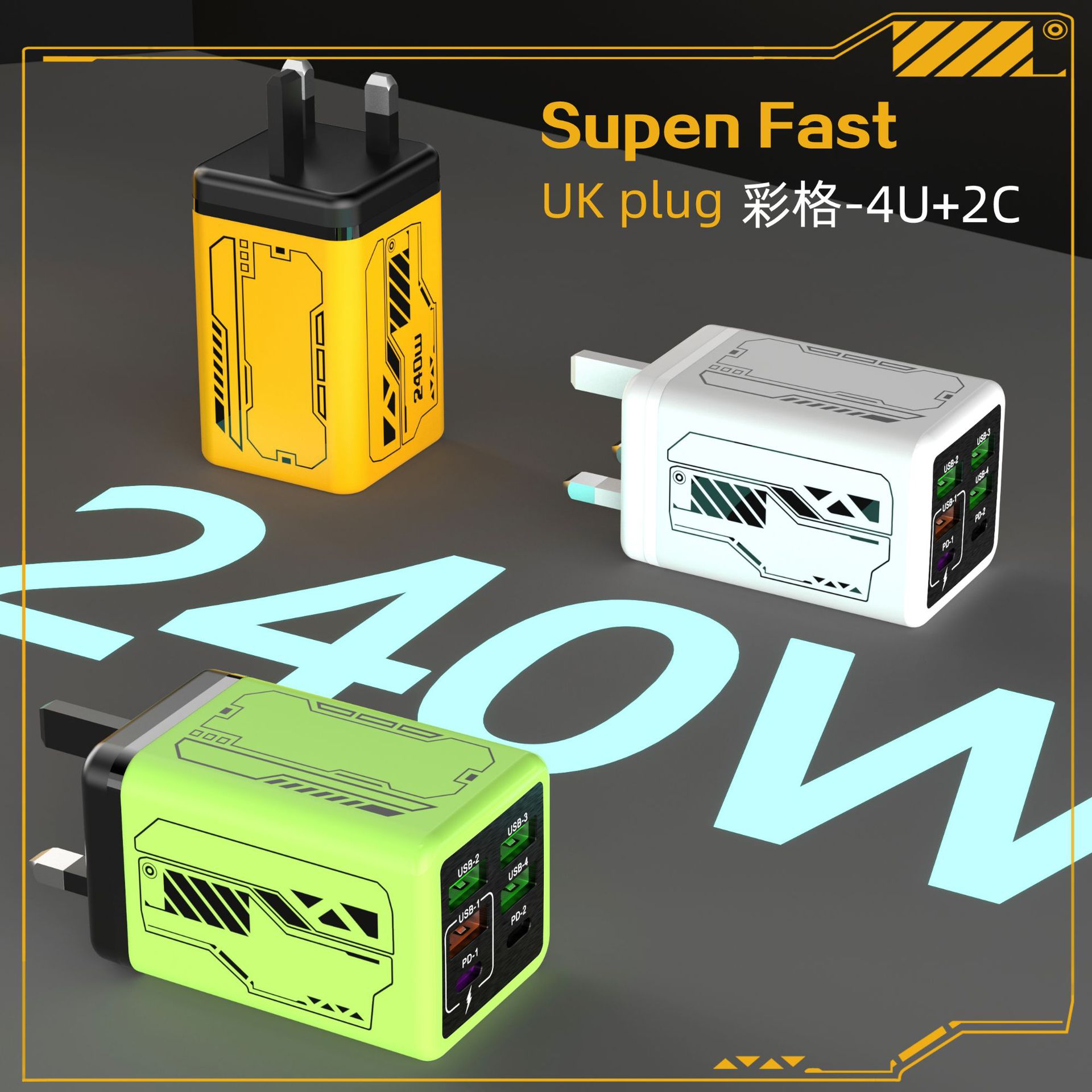 240W All Protocols Multi-Port 4U+2PD Charger Smart Home Appliance Travel Charger Mecha Style Charging Head