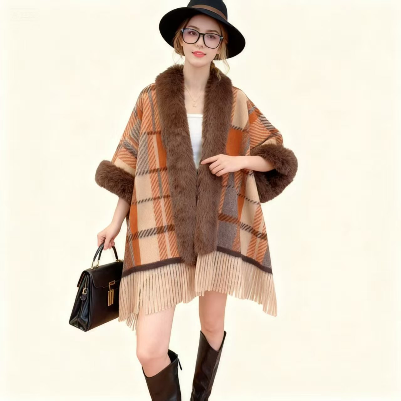 Available for Autumn and Winter Women's Casual Poncho Cape Plaid Fringe Coat Elegant Party