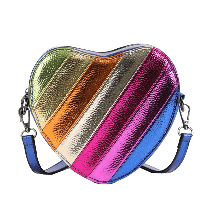 Cute Contrast Color Heart Bag Women's 2024 New Rainbow Splicing Heart Shape Single Shoulder Crossbody Bag