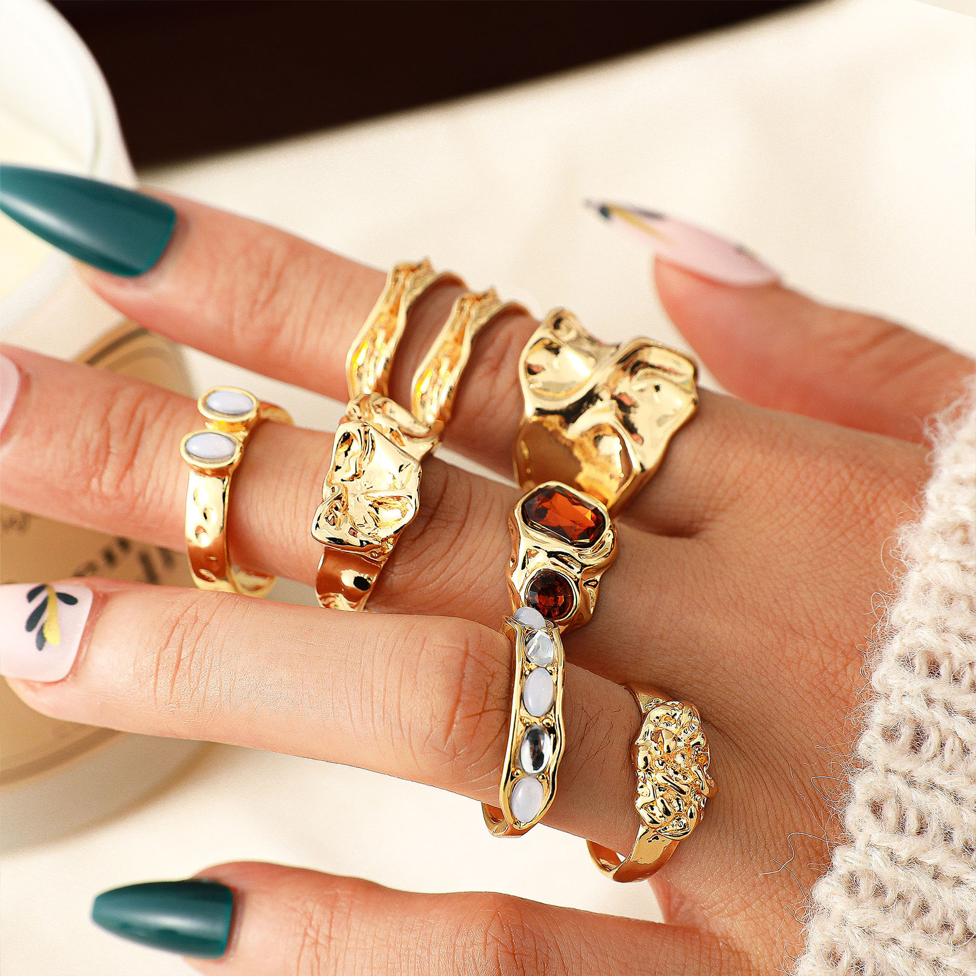 Geometric Alloy Ring Irregular Diamond Ring Set for Women
