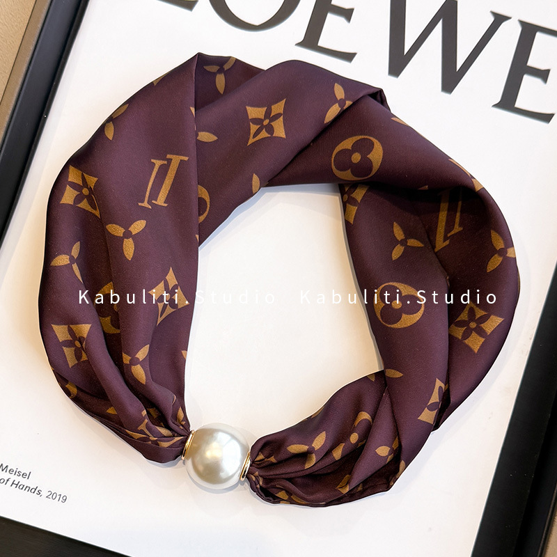 Magnetic buckle pearl necklace narrow small long strip silk scarf women neck protection matching shirt neck scarf gauze scarf thin scarf
