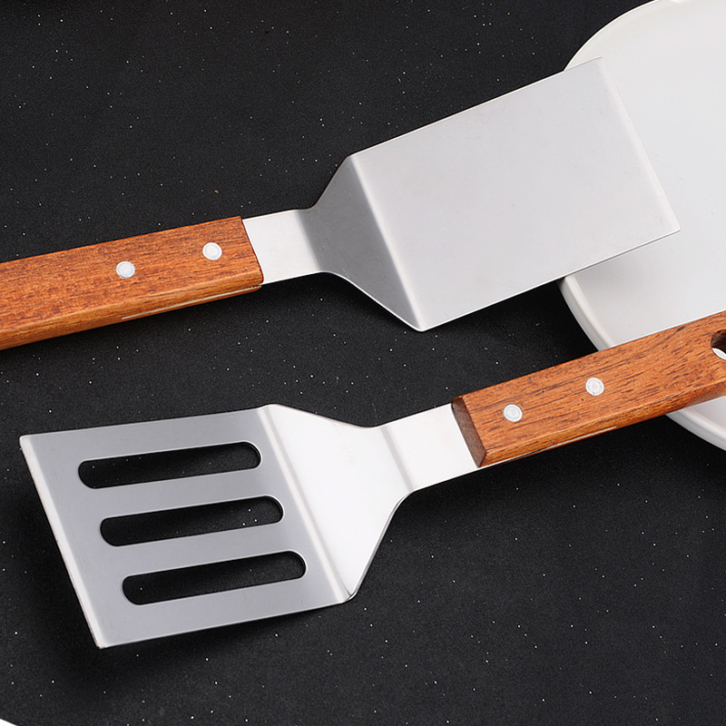 Wooden handle stainless steel frying spatula, home kitchen tool, steak spatula, hand-grabbed cake spatula, pancake spatula, teppanyaki cooking spatula