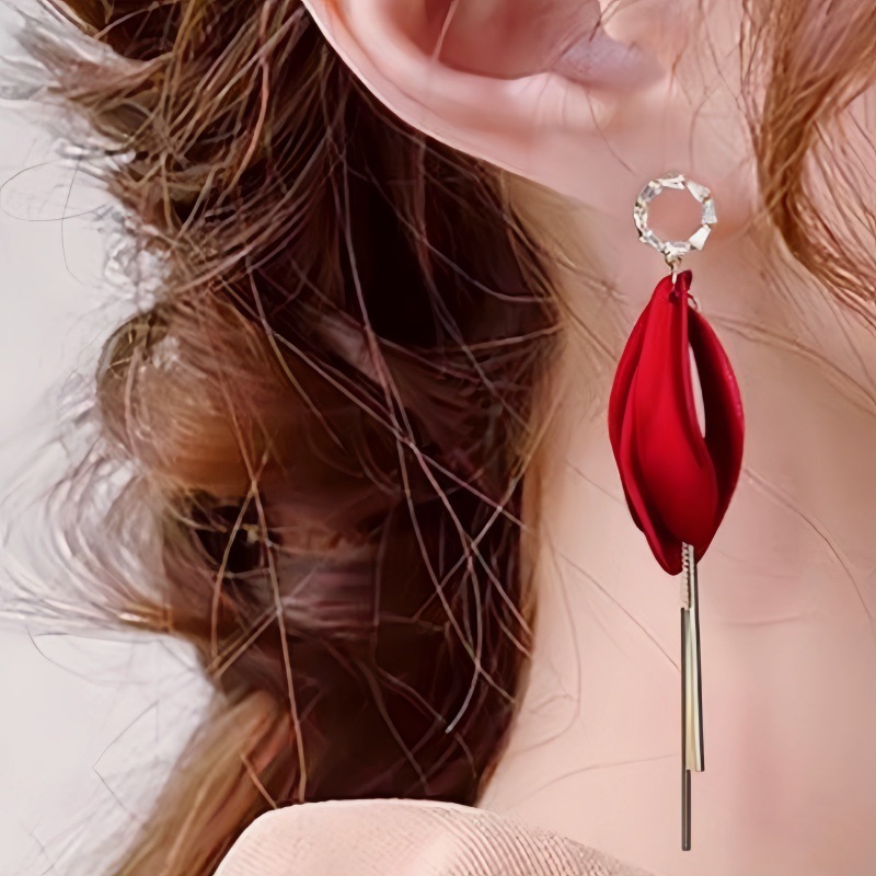 New niche red resin petal earrings women long tassel ear drop new ear accessories