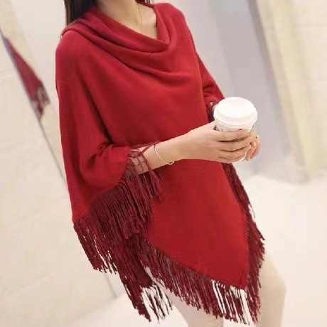 Spring Autumn New Irregular Mid-length Batwing Sweater Loose Tassel Pullover Knitted Sweater Cape Shawl Coat