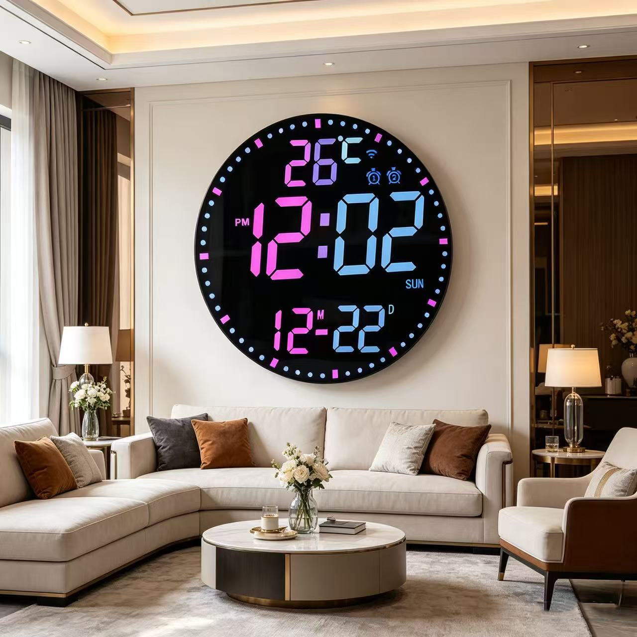 Factory-sold wifi wall clock, RGB electronic perpetual calendar, automatic time-setting, office living room digital clock, APP smart alarm clock